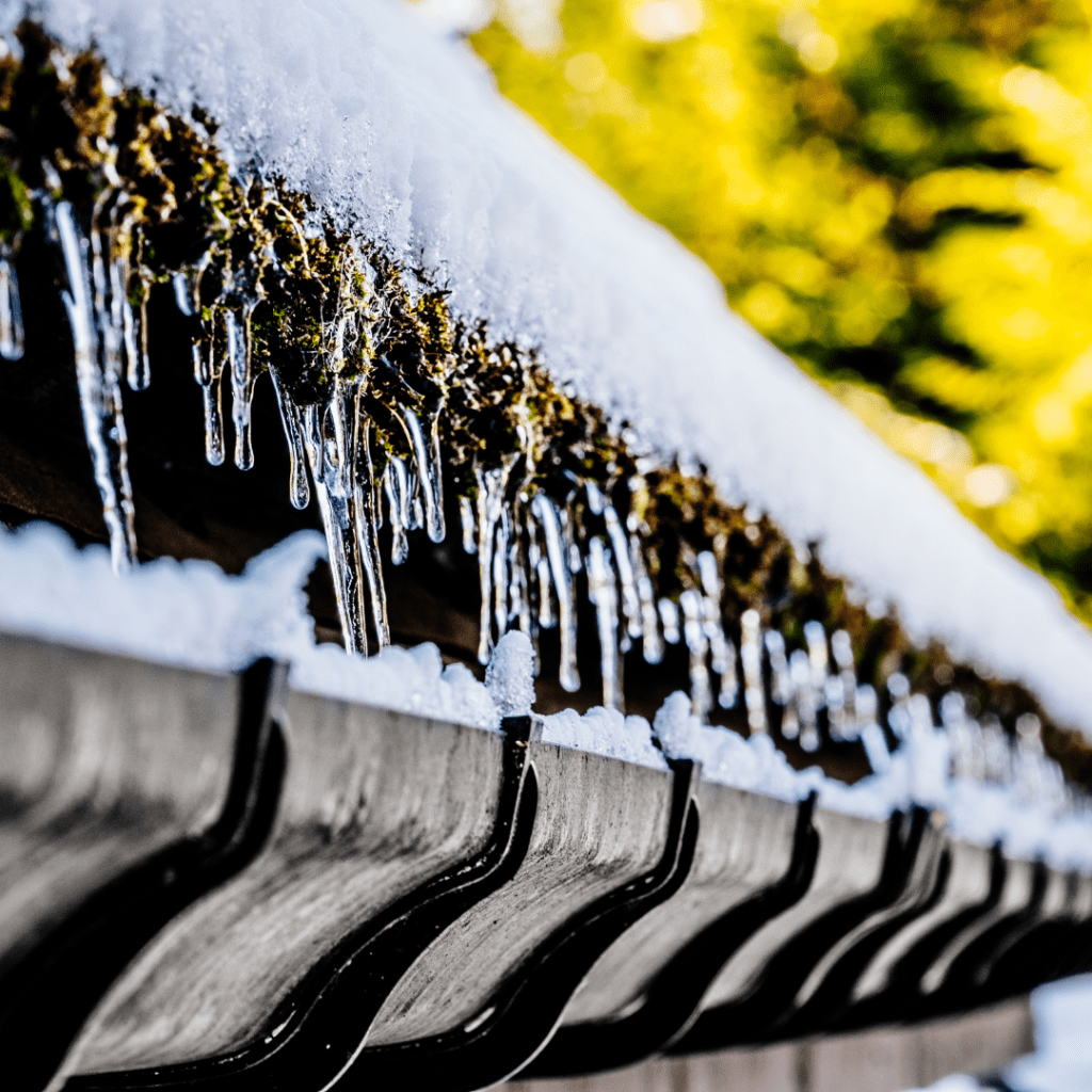 Eavestrough with frozen water